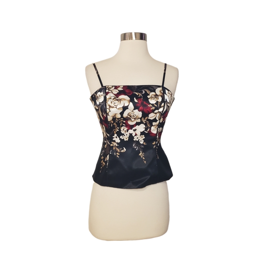 White House Black Market Size 00 Black Red & Ivory Floral Bustier Corset Top